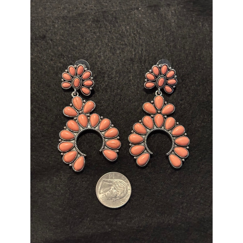 Western Coral Squash Blossom Drop Earrings Silver Tone Boho Statement Jewelry